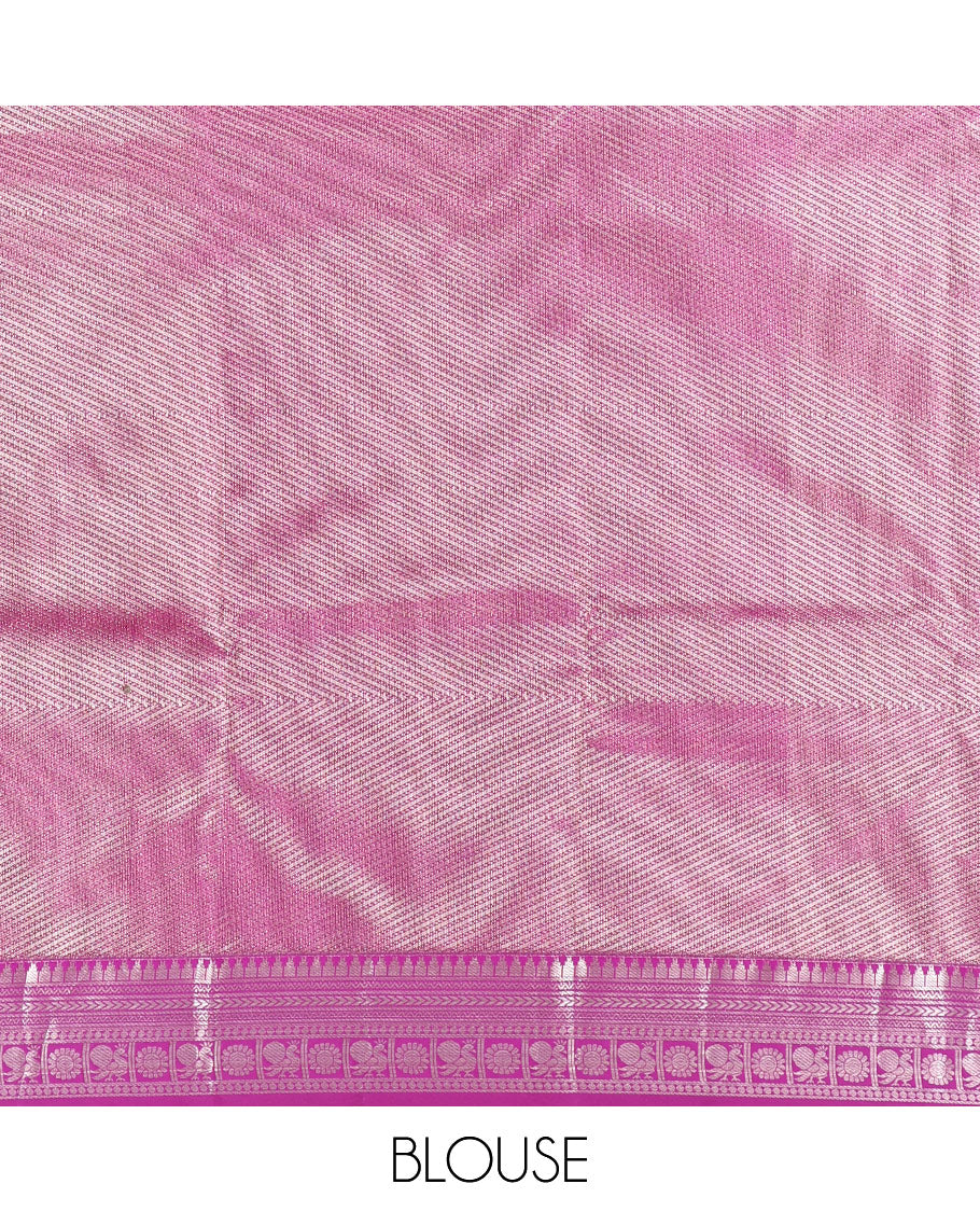 Green Budget Silk Saree, Sparsely Woven with Zari Buttas, Complemented by a Contrast Traditional Border, Grand Pallu, and a Contrast Blouse