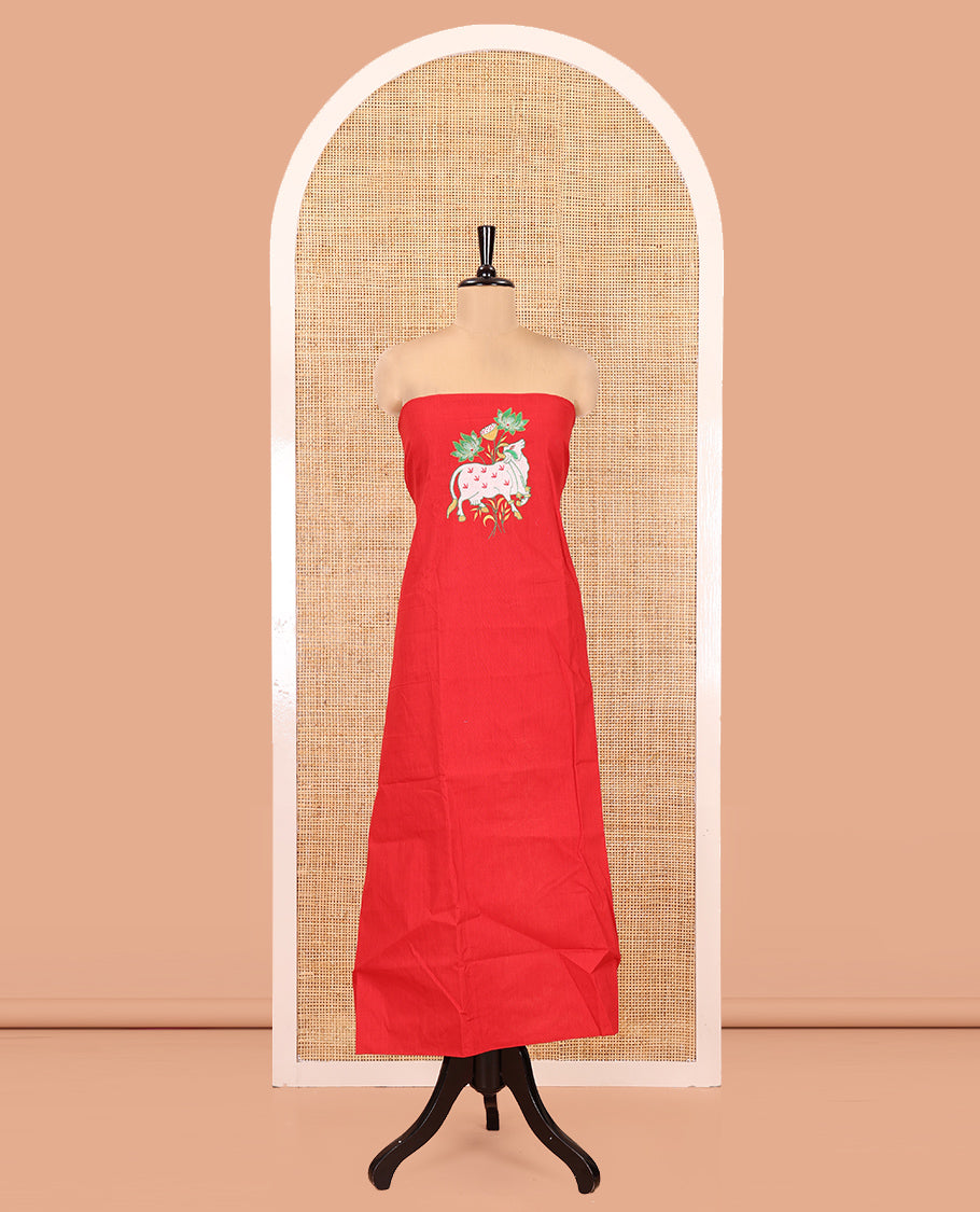 Red Material Chudidar Set, Artfully Woven with Pichwai Cow Motifs Embroidered Cotton Top, Complemented by a Contrast Plain Cotton Bottom, Paired with Pichwai Printed Dupatta