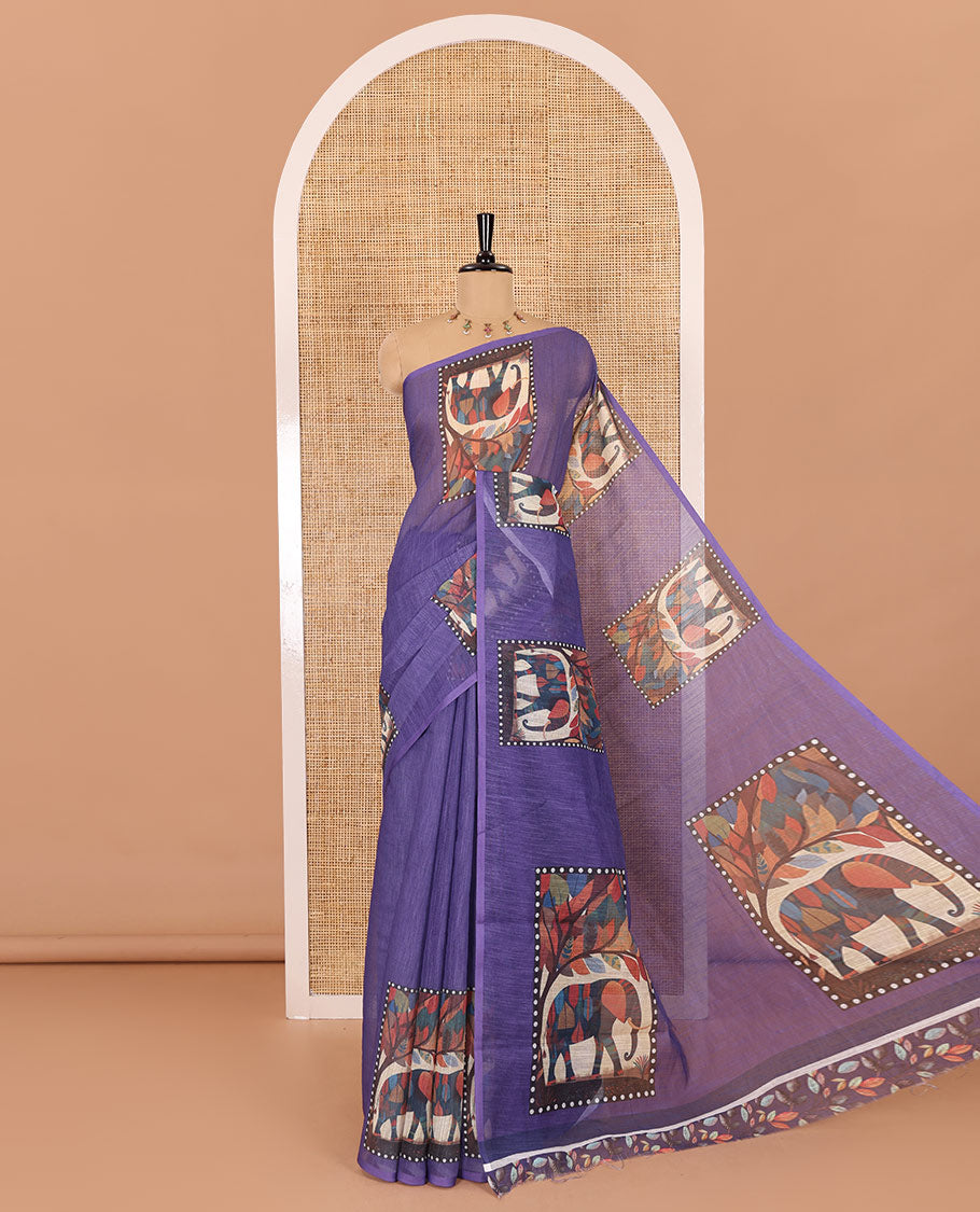 Lavender plain linen cotton saree, mordern art style elephant motifs printed border, elephant printed pallu, and a leaf printed blouse