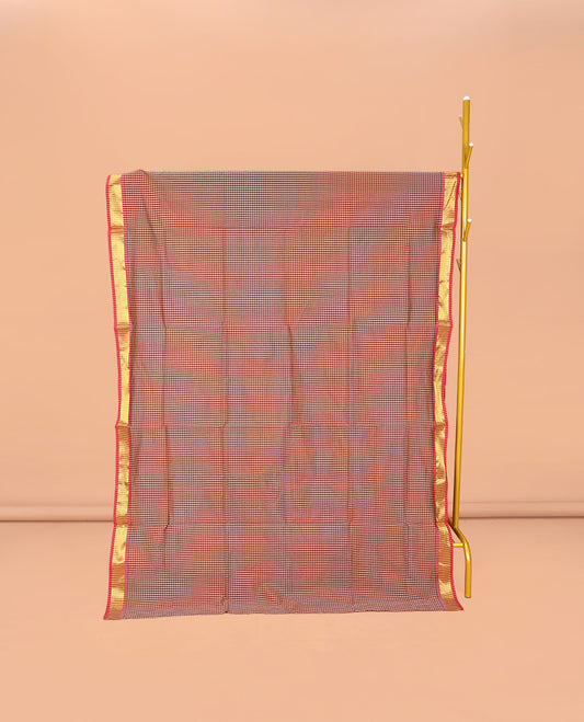 Red Micro-Checked Poly Cotton Saree, Complemented by a Contrast Zari Border, Contrast Striped Pallu, and Paired with a Contrast Blouse