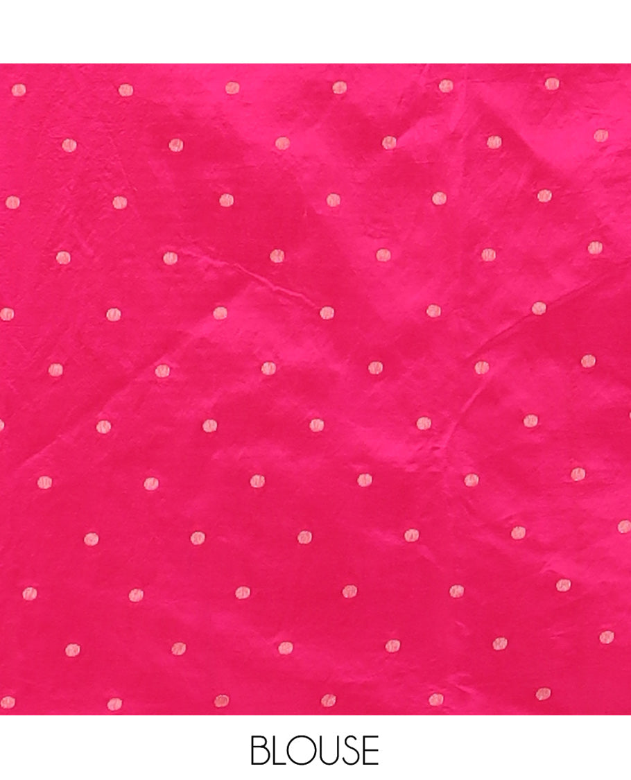 Pink Semi-Tussar Saree, Enriched with Zari Buttas and Checks, a Traditional Zari Border, and a Matching Blouse