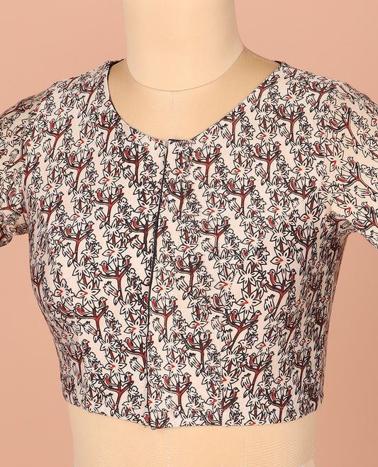 Off-White Readymade Blouse Adorned with Floral-Bird Theme Print, Featuring Front Round Neck, Back Closed Neck, and Elbow Sleeves