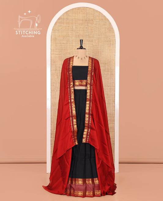 Black-Red Chettinad Cotton Half-Saree Features Plain Skirt, Contrast Traditional Rettai Pettu Border, Matching Blouse, Syska Georgette Dhavani