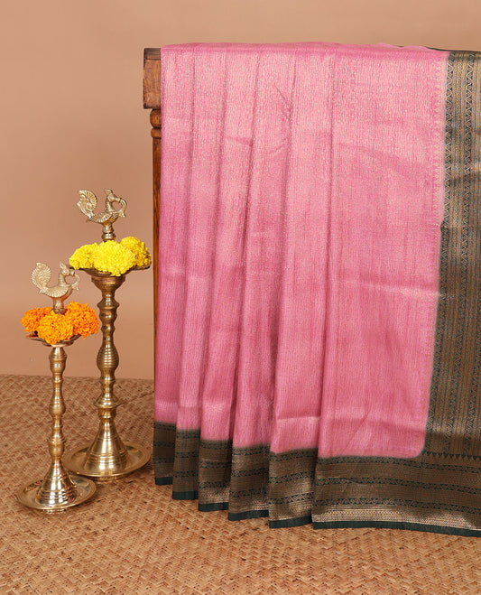 Onion pink with green zari weaving banaras softy saree with jacquard border & rich weaving pallu along with brocade blouse