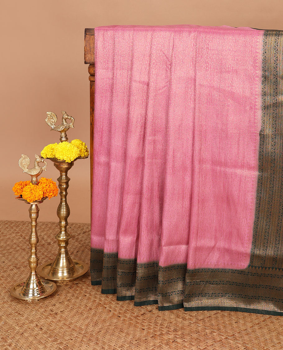 Onion pink with green zari weaving banaras softy saree with jacquard border & rich weaving pallu along with brocade blouse