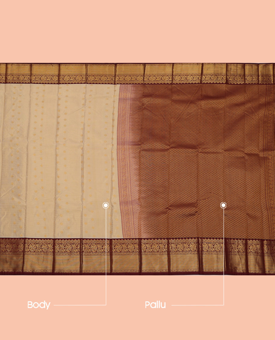 Sandal Budget Silk Saree Features with Zari Buttas and Stripes, Complemented by a Contrast Traditional Zari Border, Jaal Pallu, and Contrast Blouse