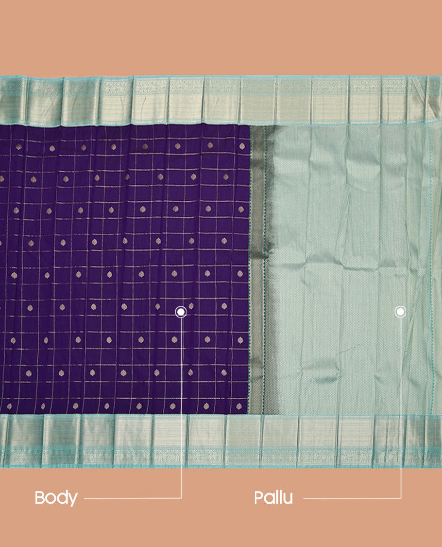 Violet Budget Silk Saree, Woven with Zari Butta Enclosed Checks, Contrast Tradittional Zari Border, Grand Pallu, and a Contrast Blouse
