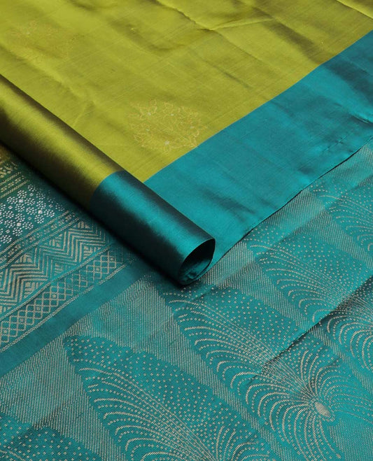 Green zari buttas silk mix saree, contrast zari buttas border & pallu of intricate designs