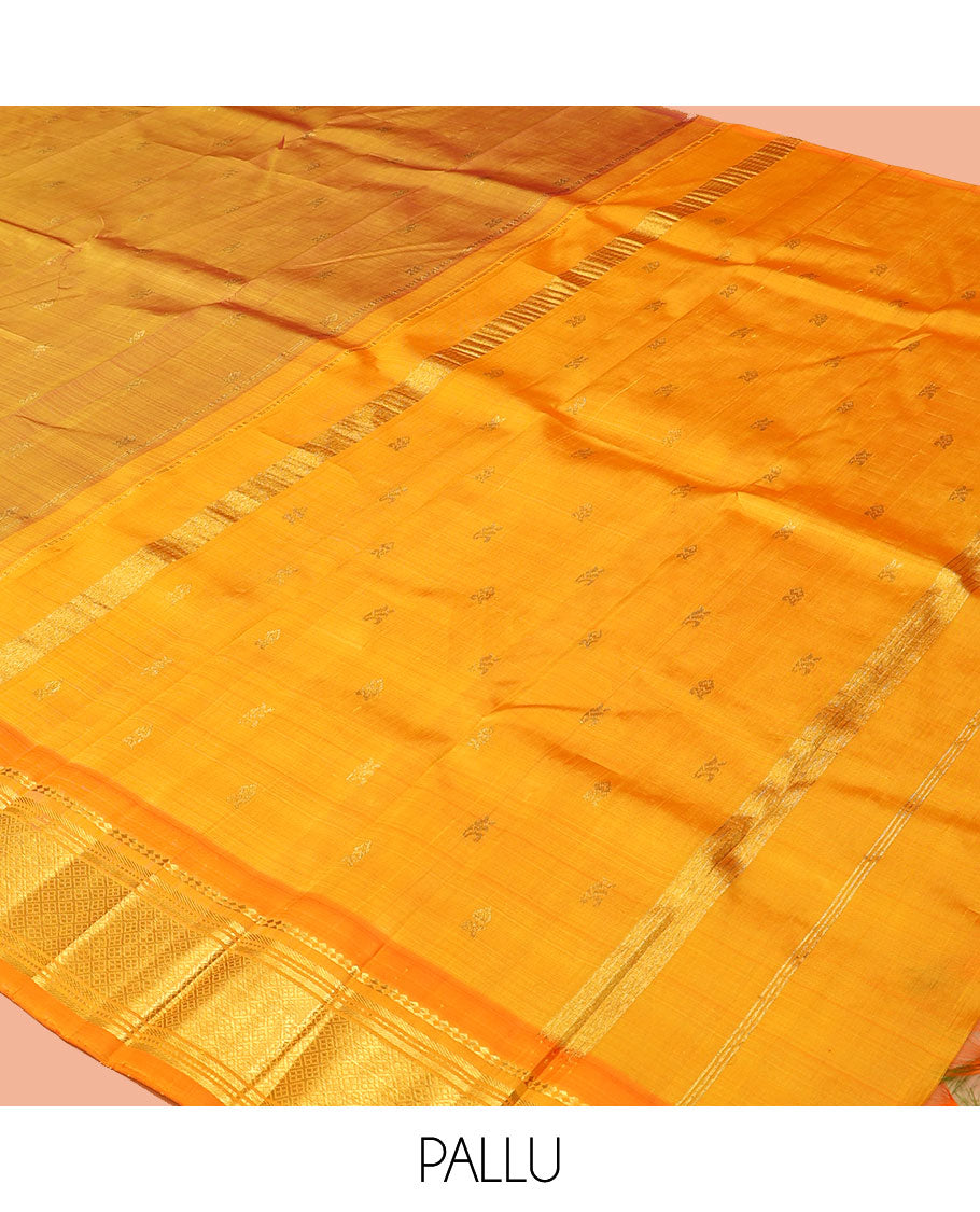 Orange Kanchipuram Silk Saree, Woven with Zari Buttas, a Contrast One-Sided Border of Panner Sombu, Banaras, Muthu, and Jaal Designs, a Zari Design Pallu, and No Blouse