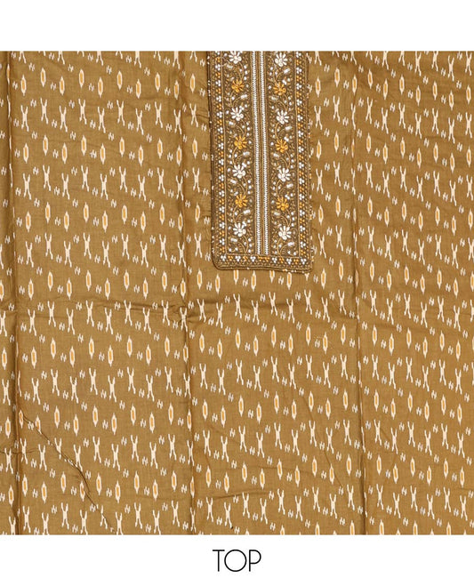 Green Material Chudidar Set, Adorned with Ikkat-Style Buttas Printed and Neck Embroidery Cotton Top, Complemented by Contrast Printed Cotton Bottom, and Paired with Ikkat-Style Printed Cotton Dupatta
