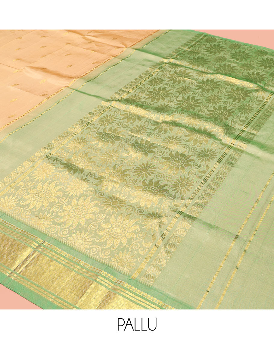 Sandal Kanchipuram Silk Saree, Accentuated with Buttas, a Contrast One-Sided Border of Panner Sombu, Banaras, and Jaal Design, Zari Design Pallu, and No Blouse