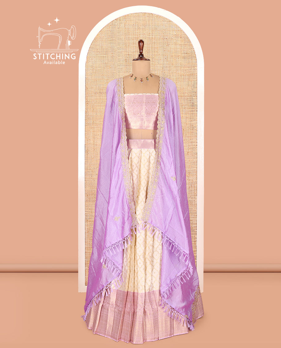 Cream-Light Lavender Semi-Silk Half-Saree