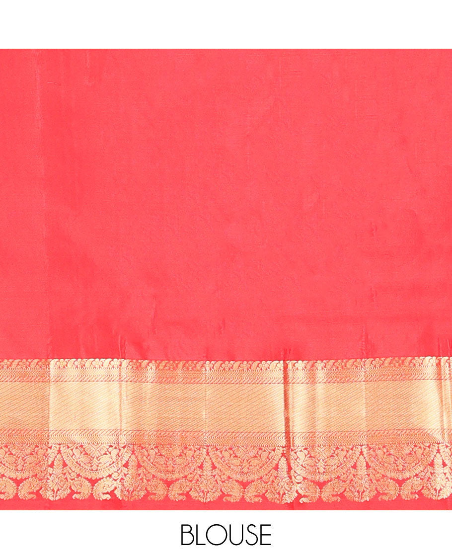Red jacquard kancheepuram silk saree with self border of intricate zari design & floral design pallu