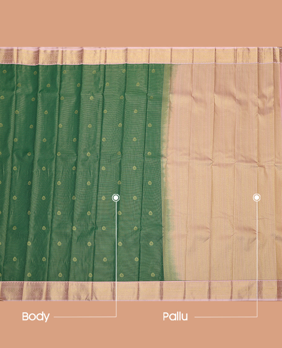 Green Budget Silk Saree, Gleamed Up with Zari Buttas and Checks, Complemented by a Contrast Traditional Border, Grand Pallu, and Contrast Blouse