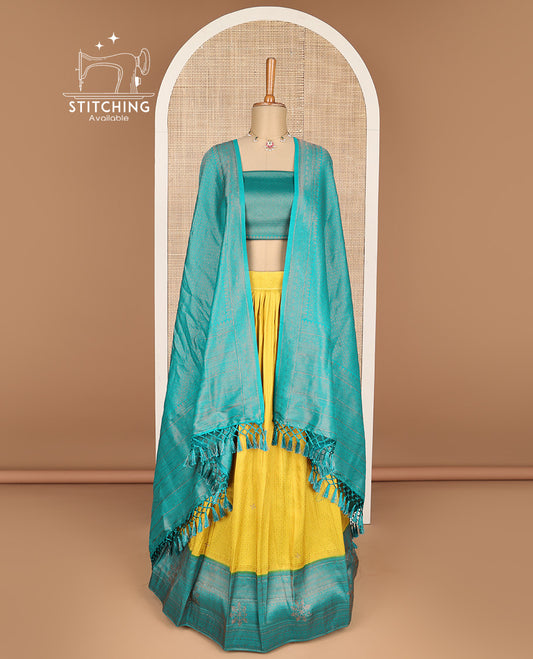 Mustard floral jacquard banaras half saree with contrast zari design border , zari design blouse & floral zari design dhavani