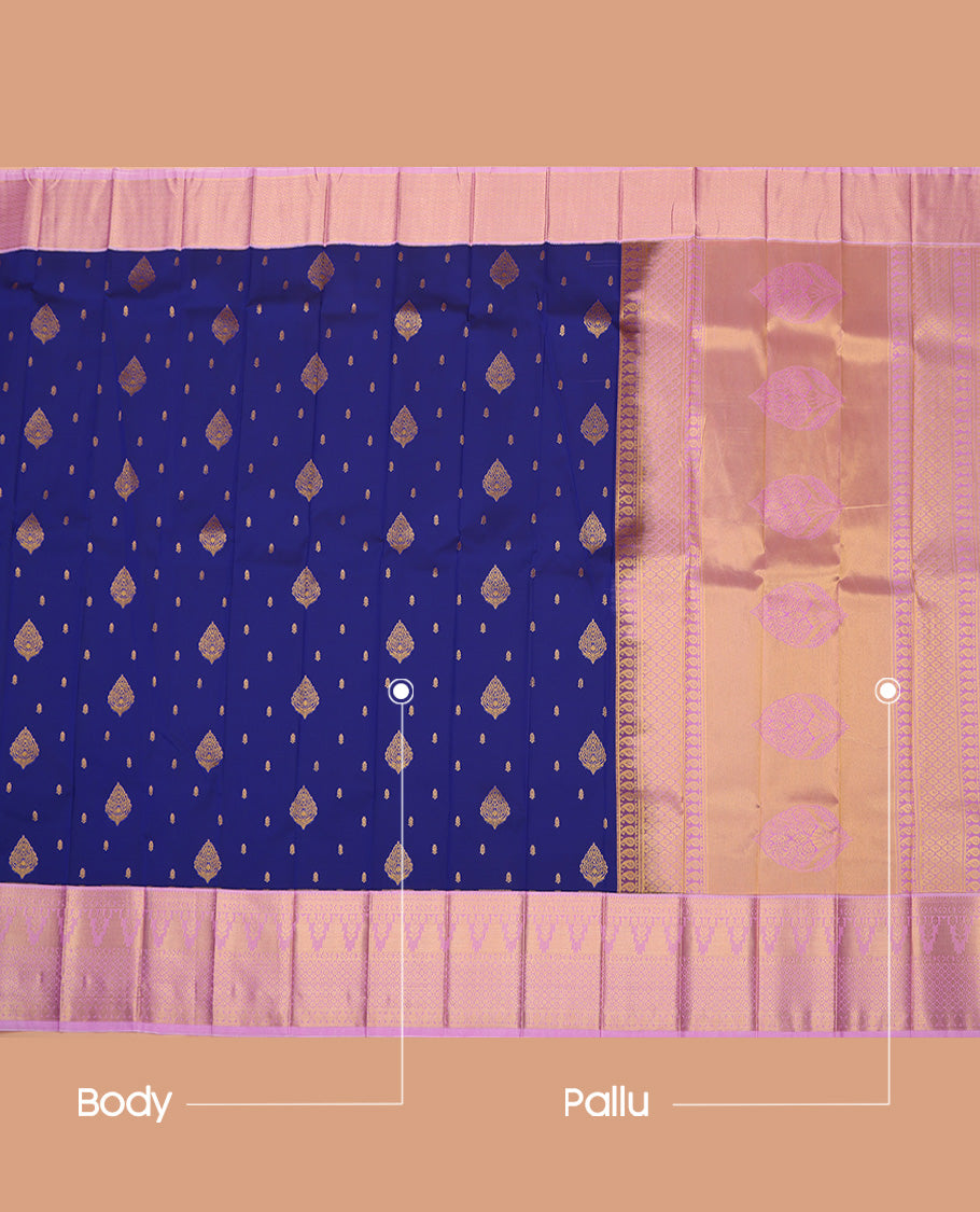 Blue Budget Silk Saree, Elevated with Zari Buttas All Over Its Body, Complemented by Contrast Traditional Zari Designs Woven Border, Grand Jaal Pallu and Paired with a Contrast Blouse