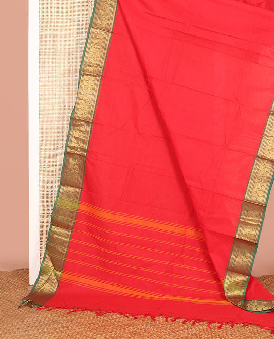Red Plain Chettinad Cotton Saree, Complemented by a Contrast Traditional Zari Design Border, and Pallu of Sparsely Woven Stripes