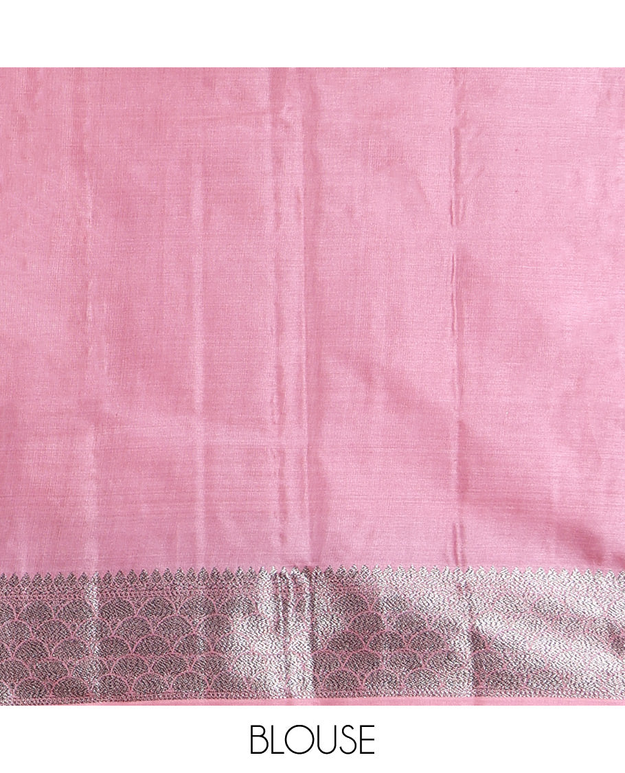 Pink Tusser Silk Saree, Ornamented with Floral Jaal Jacquard Design, a Zari Border, Intricate Pallu, and a Matching Blouse