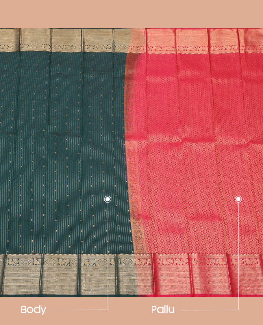 Deep Blue Budget Silk Saree, Charming Accented with Buttas and Stripes All Over Its Body, Highlighted by Traditional Zari Designs Woven Border, Contrast Grand Jaal Pallu, and Paired with a Contrast Blouse