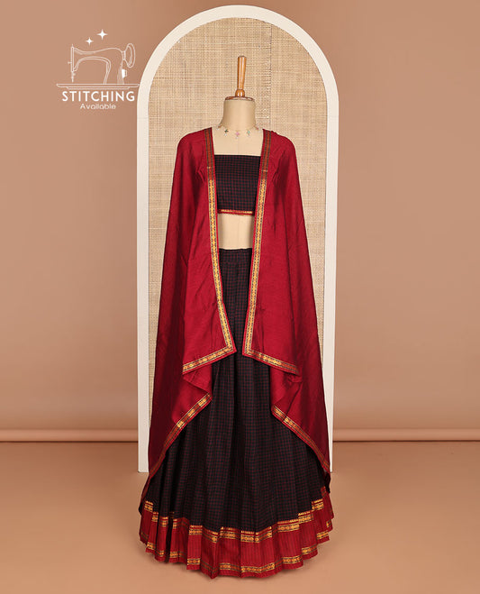 Black checked cotton half saree with contrast zari design border, checked blouse & plain, intricate zari design dhavani