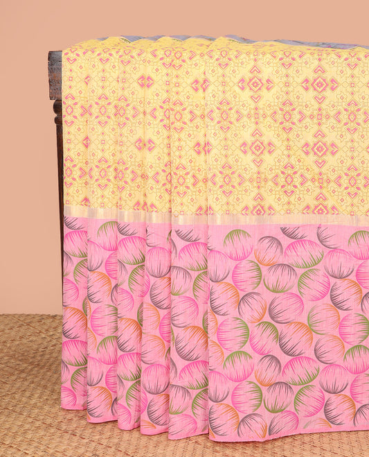 Yellow Chirala Cotton Saree Intricately Printed with Patola-Style Motifs All Over Its Body, Complemented by a Contrast Ganga-Jamuna Printed Border, Pallu of Paisley-Shell Motifs Print, and Paired with a Contrast Blouse