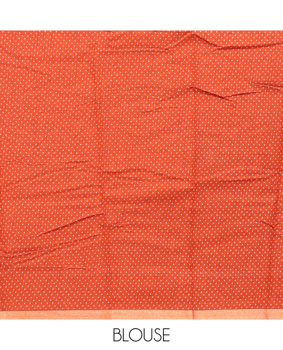 Orange Kanchi Cotton Saree, Adorned with Geometric Patterns Printed All Over Its Body, a Subtle Border, Pallu of Floral and Chakra Print, and Paired with a Matching Blouse