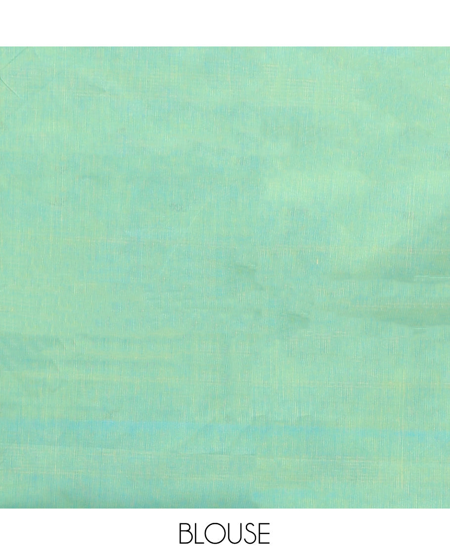 Light Turquoise Chettinad Cotton Saree, Decorated with Thread Buttas All Over Body, Complemented by a Contrast Traditional Zari Design Border, Pallu of Stripes and Buttas, and Paired with a Matching Blouse