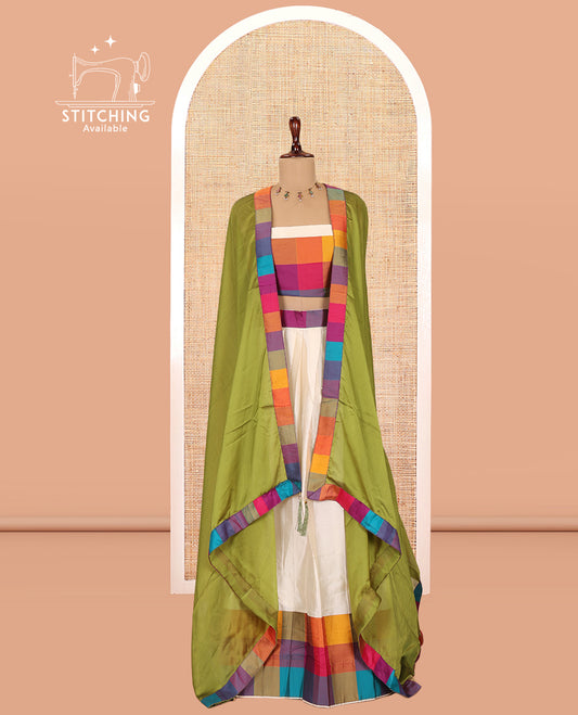Cream-Mehendi Green Semi- Silk Plain Half-Saree, Contrast Madras Checked Border, Matching Blouse and a Contrast Syska Georgette Dhavani