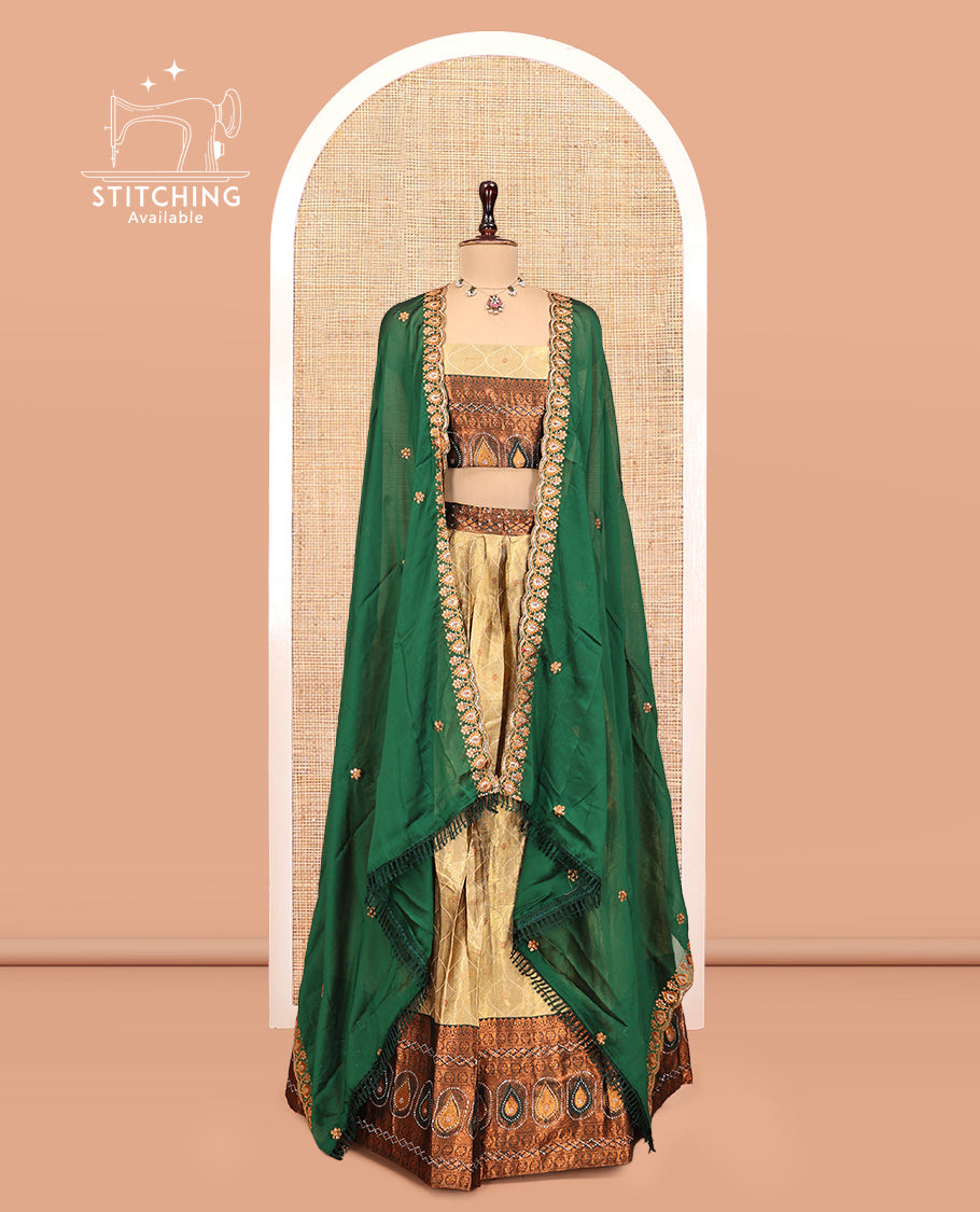 Gold-Green Banarasi Half-Saree, Bedecked with Butta Enclosed Ogee Design, a Contrast Traditional Zari Stone Work Border, a Matching Blouse, and a Contrast Embroidered Dhavani