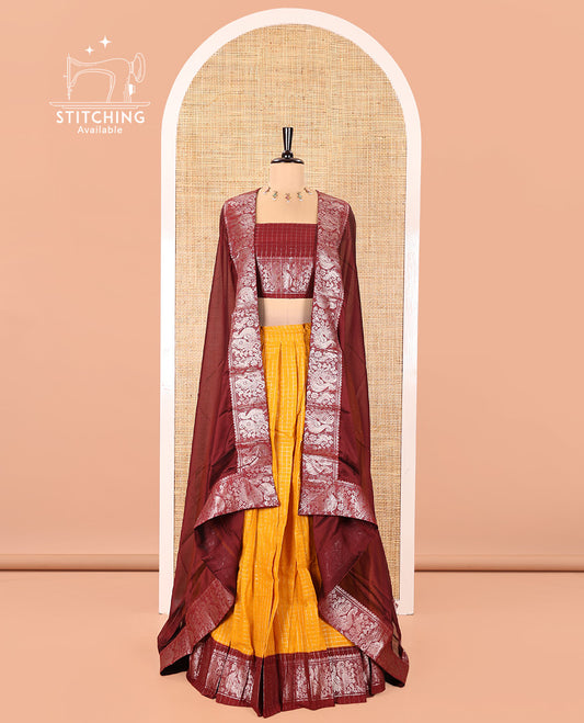 Mango Yellow and Maroon Sungudi Cotton Half-Saree, Adorned with Micro-Zari Checks on Its Skirt, Complemented by a Contrast Peacock Zari Border, Paired with a Contrast Blouse, and a Contrast Syska Georgette Zari-Bordered Dhavani