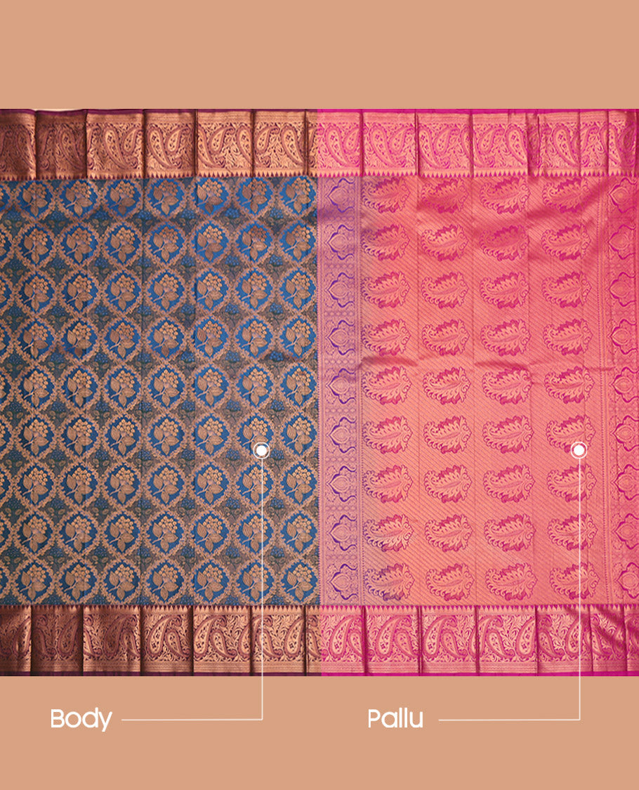 Blue Budget Silk Saree, Detailed with Floral Jacquard Design, Complemented by Contrast Paisley Zari Border, Grand Pallu and a Contrast Blouse