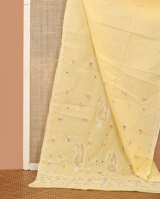 Light yellow colorful embroidered buttas Lucknowi chikankari saree, thread embroidered border, and floral-paisley motifs embroidered pallu