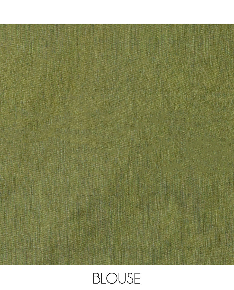 Borderless Olive Green Plain Khadi Cotton Saree, a Self-Pallu with Tassels, and a Matching Blouse