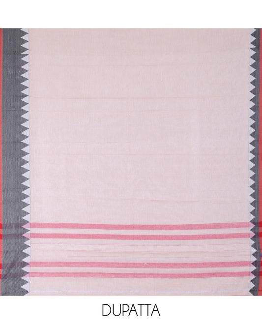 Chikku Mercerised Cotton Material Churidar Features Plain Top, Contrast Thread Temple Border, Matching Bottom, Temple Dupatta