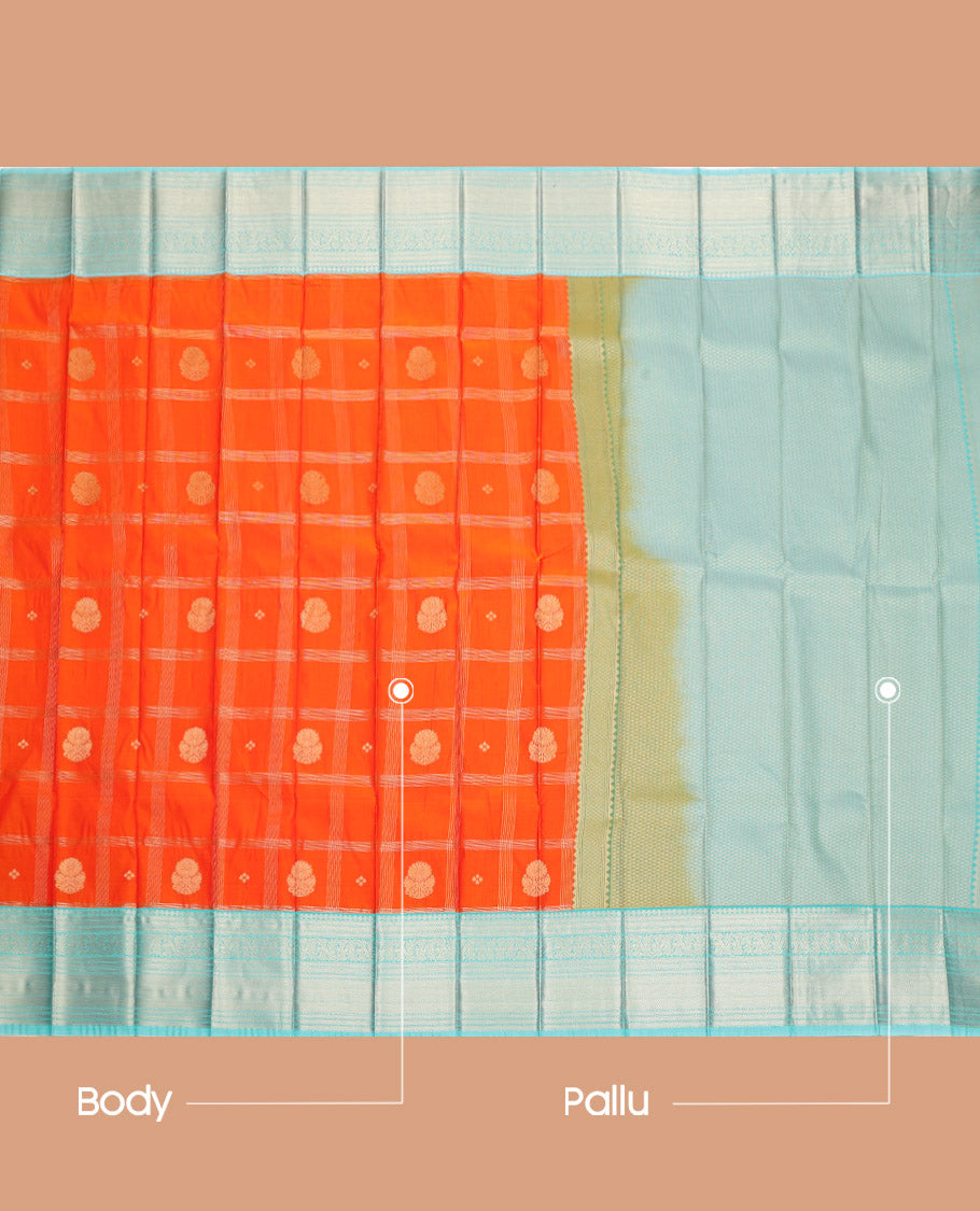 Orange Budget Silk Saree, Accentuated with Zari Buttas and Checks, Complemented by a Contrast Traditional Zari Border, Grand Pallu, and Contrast Blouse