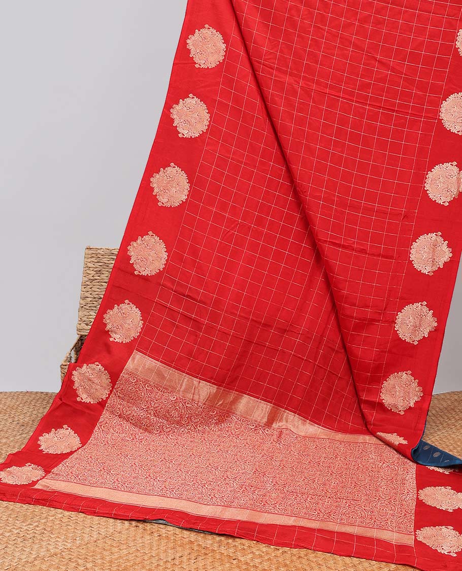Red checked mushru silk saree with self floral motifs border & intricate zari pallu