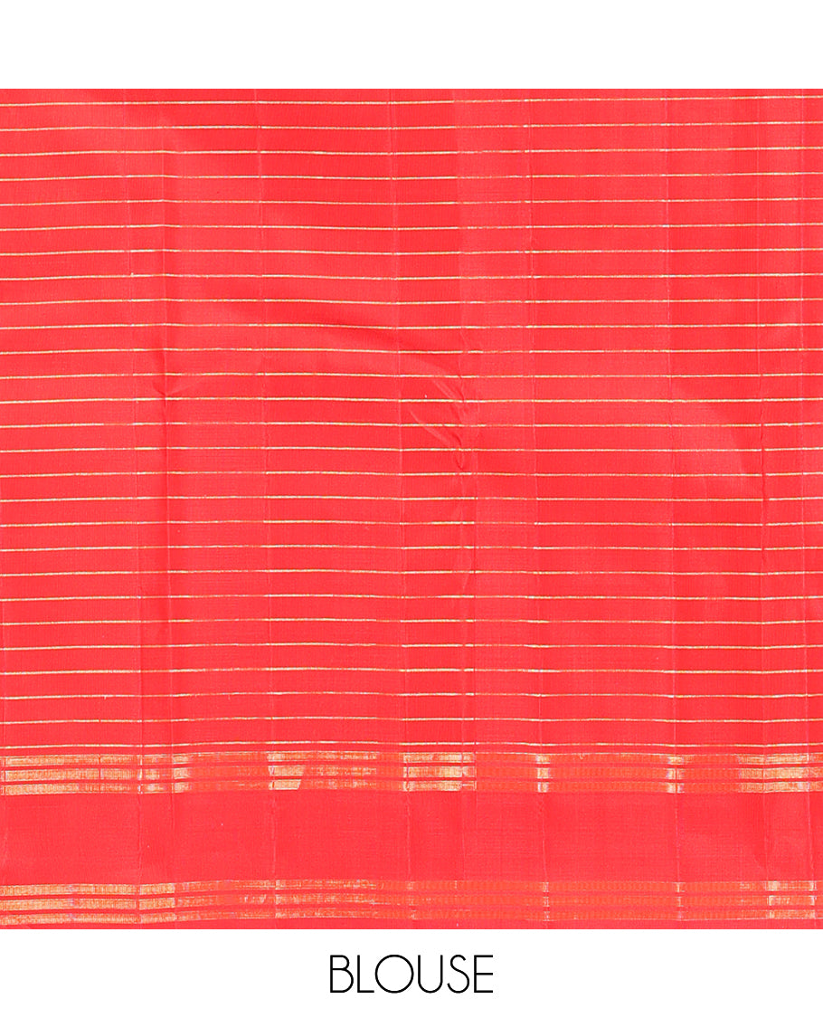 Red Check-Buttas Kanchipuram Silk Saree, Highlighted by a Zari Border, Grand Pallu, and a Matching Blouse