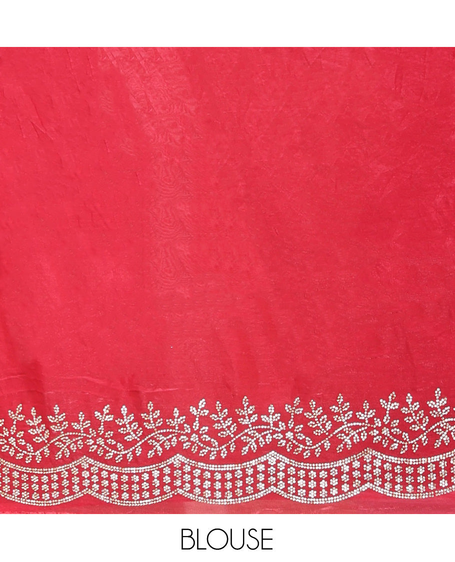 Red Designer Saree, Styled with Stone Work All Over Its Body, a Scallop Cut-Embroidered Border, and Matching Blouse