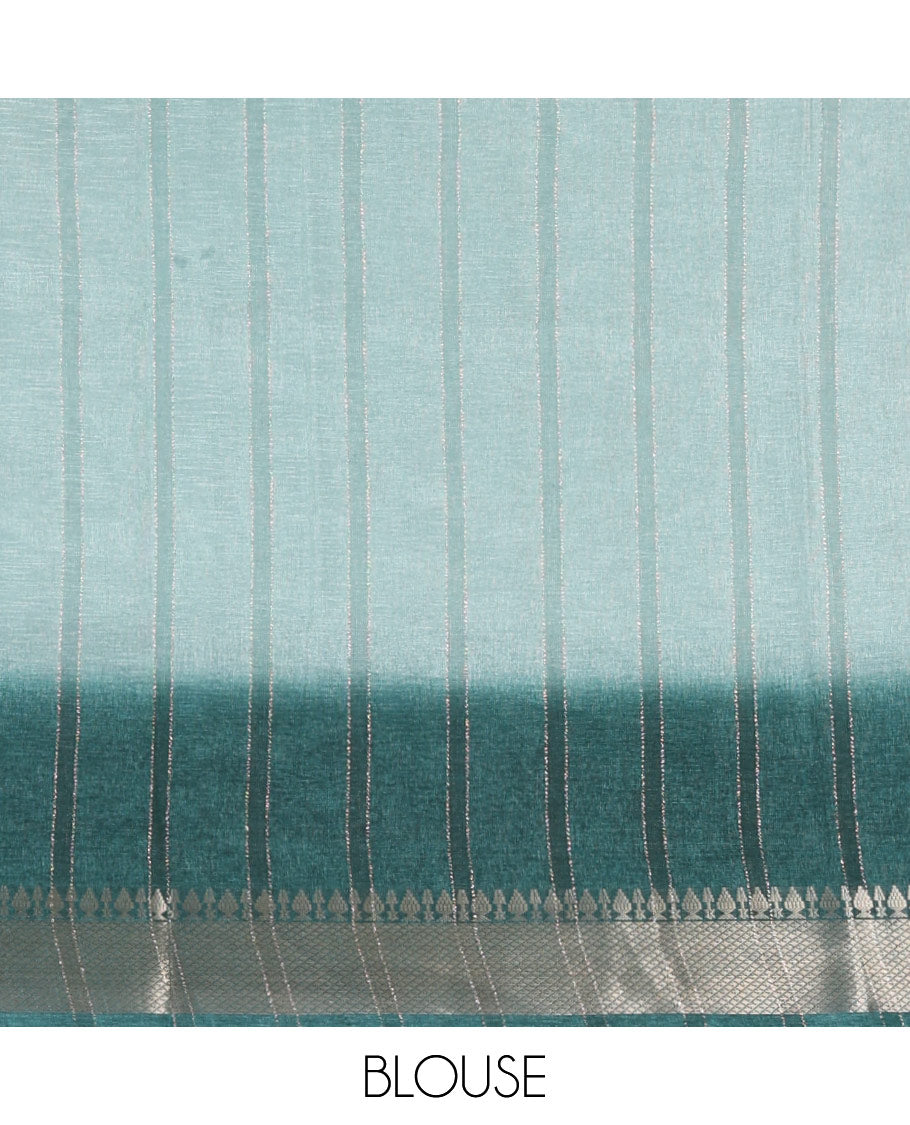 Blue ombre vertical striped Manipuri tussar saree, contrast traditional zari border, striped pallu & running blouse