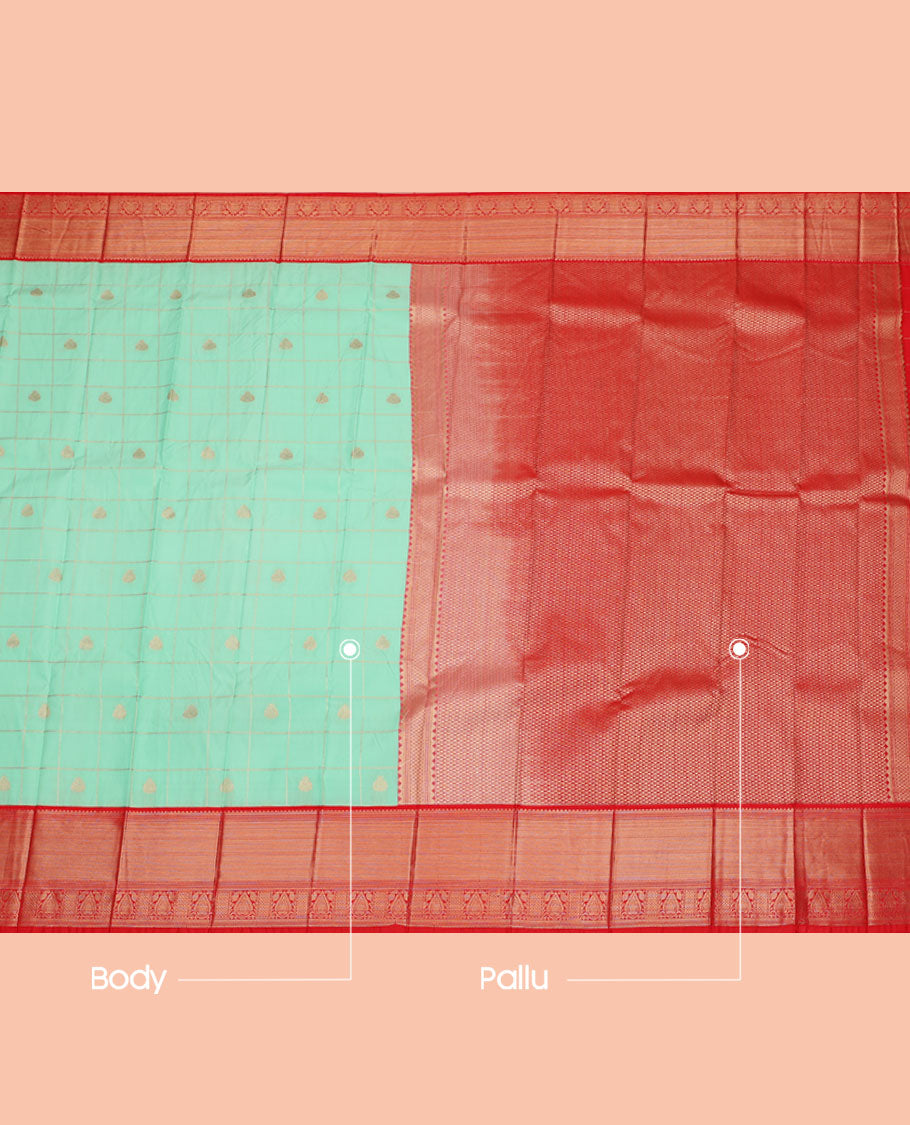 Turquoise Budget Silk Saree, Decked Up with Zari Butta Enclosed Checks, Complemented by a Contrast Traditional Zari Border, Grand Pallu, and a Contrast Blouse
