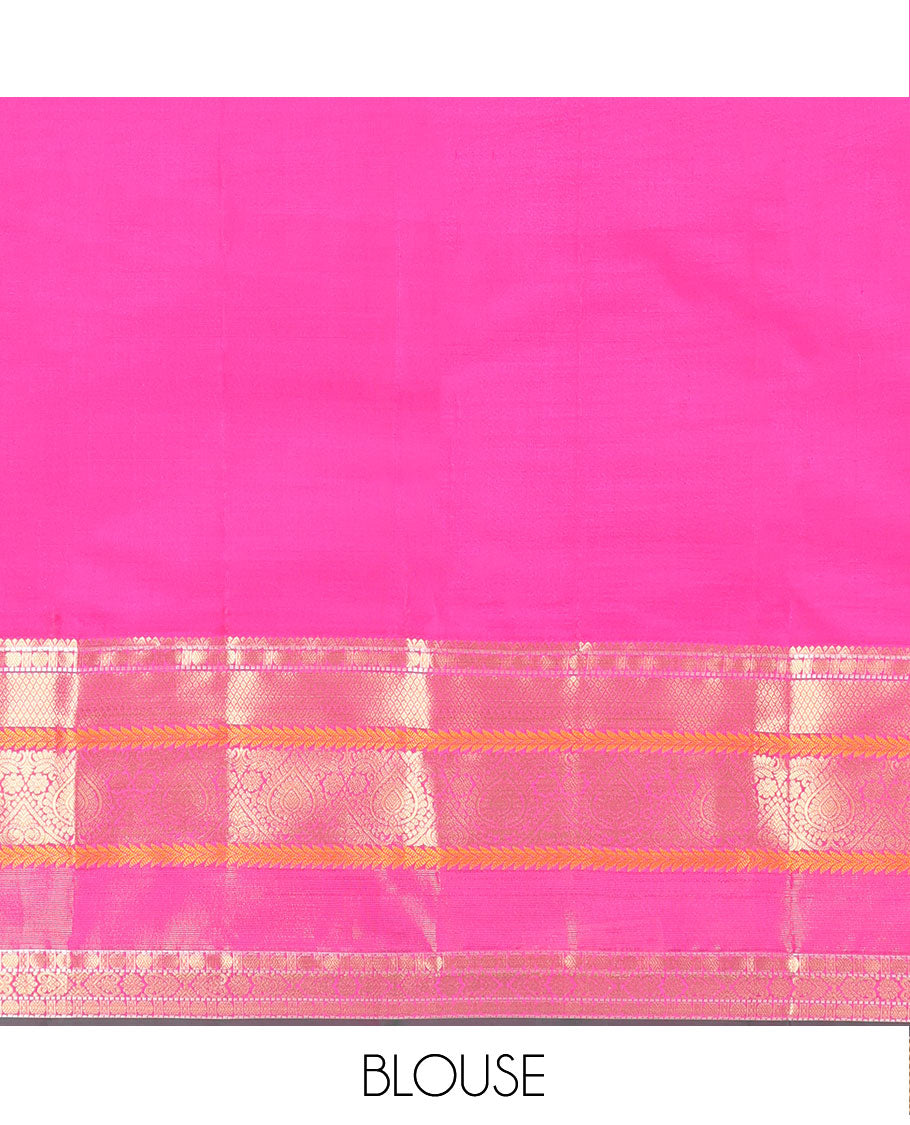 Orange Vasundhara Lite Silk Mix Saree, Graced with Zari Buttas, Complemented by a Contrast Border of Rekku, Rudraksham, Mayil Kann, Kathir, Jada Nagam, and Thilakam Designs, Intricately Designed Pallu, and Paired with a Contrast Blouse
