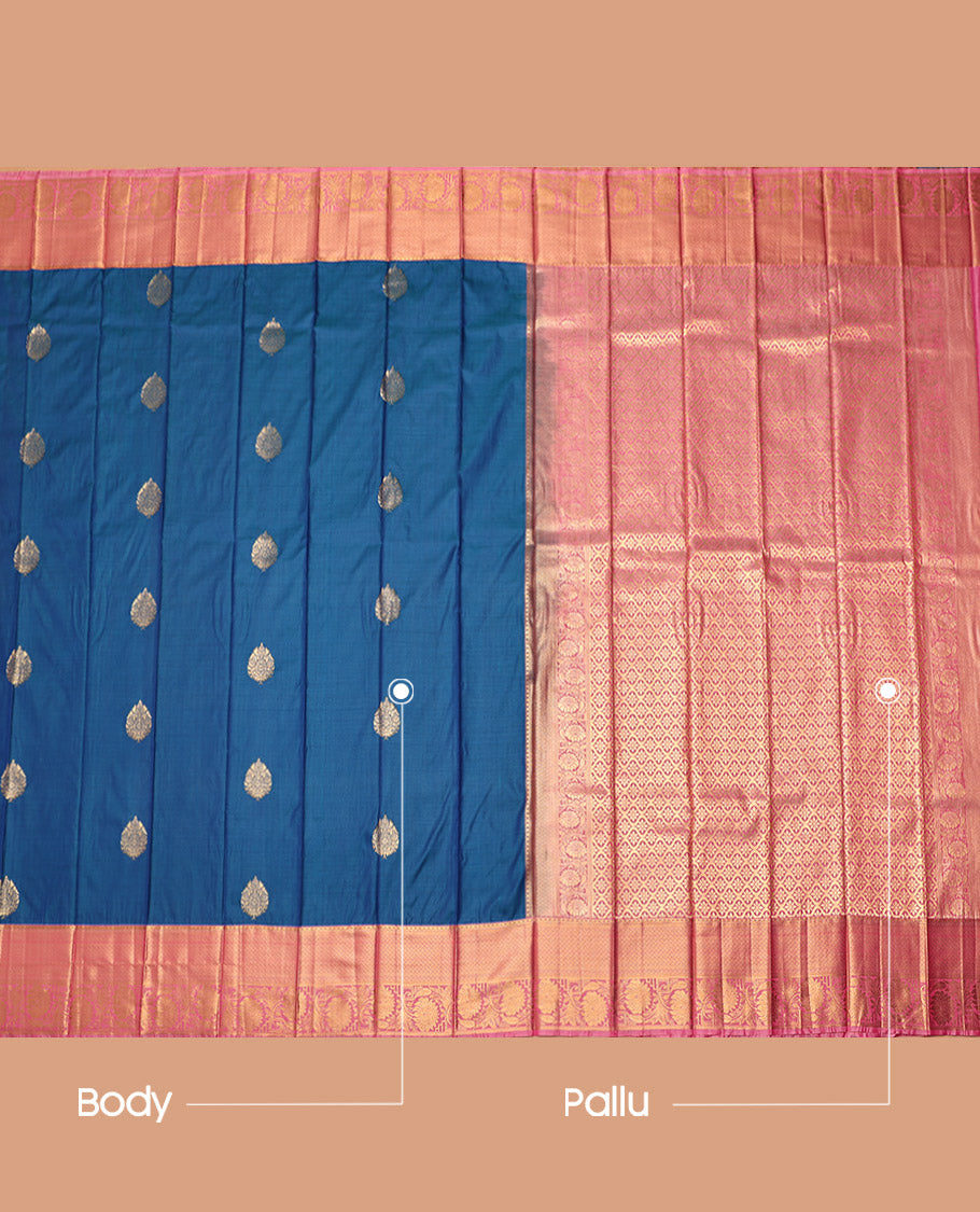 Blue Budget Silk Saree, Elevated with Zari Buttas, Complemented by a Contrast Traditional Zari Border, Jaal Pallu, and a Contrast Blouse