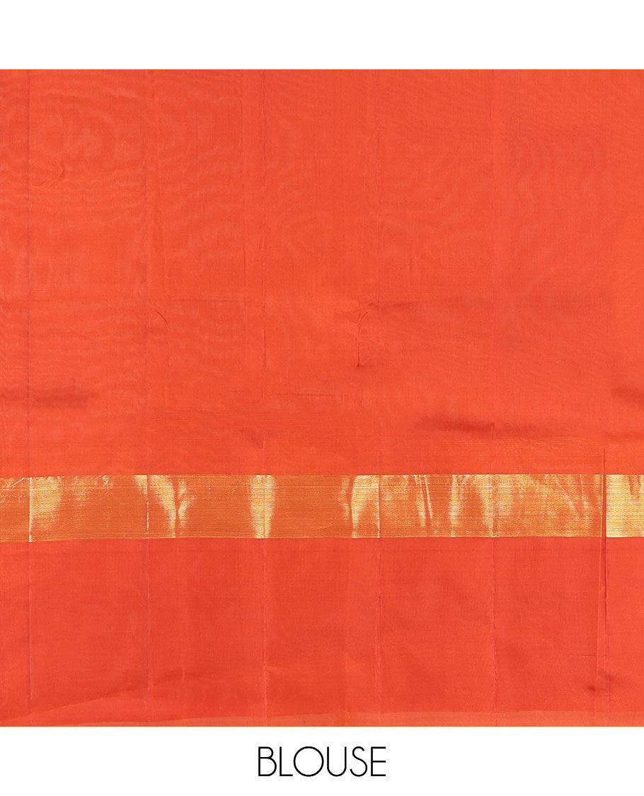 Green Kanchipuram Silk Saree, Woven with Goddess Lakshmi Buttas, a Contrast Goddess Lakshmi Border, Goddess Lakshmi Pallu, and a Contrast Blouse