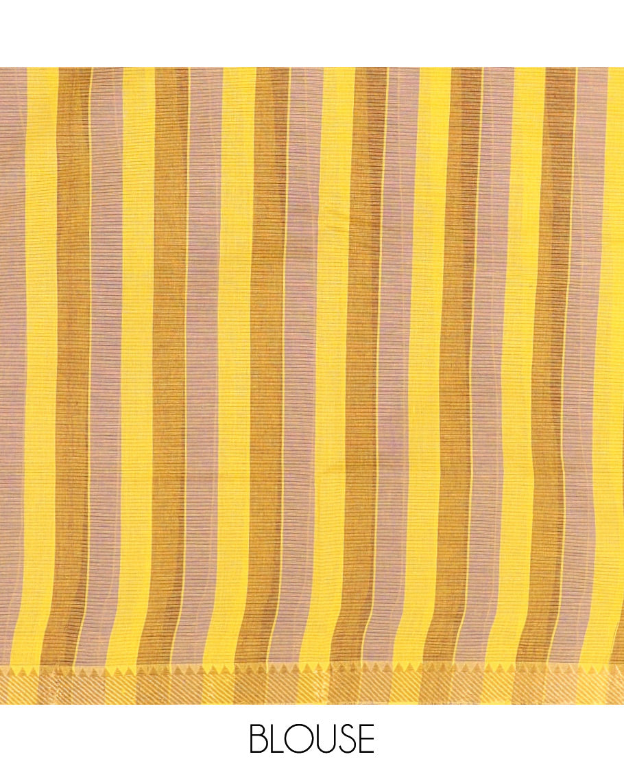 Yellow Plain Andhra Cotton Saree, Crafted with Temple Zari Border, Contrast Striped Pallu, and a Contrast Blouse