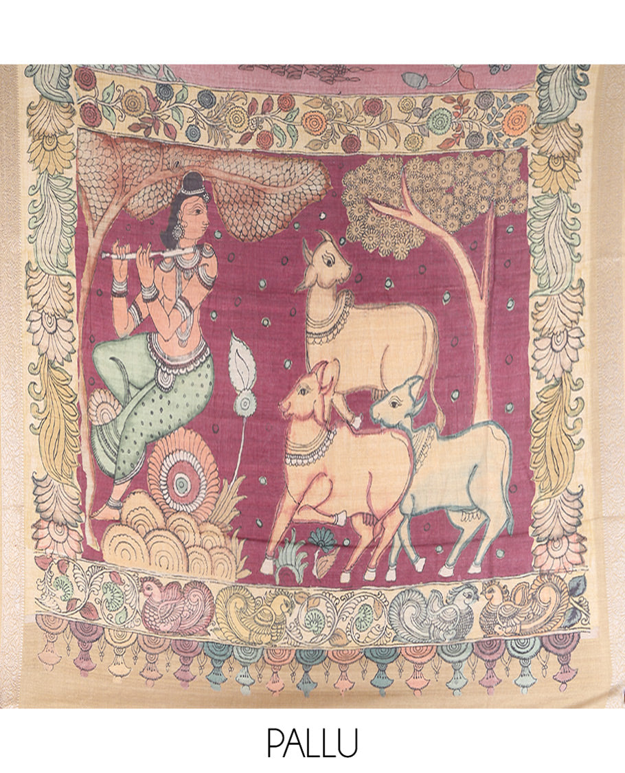 Onion Pink Kalamkari Printed Fancy Tussar Saree