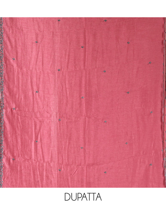 Pink Vichitra Silk Material Chudidar Set, Subtly Sparkled with Embroidered Top, a Plain Santoon Bottom, and Paired with a Matching Vichitra Silk Embroidered Scallop Dupatta