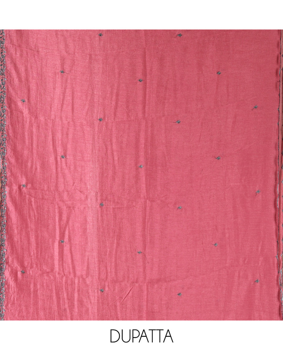 Pink Vichitra Silk Material Chudidar Set, Subtly Sparkled with Embroidered Top, a Plain Santoon Bottom, and Paired with a Matching Vichitra Silk Embroidered Scallop Dupatta