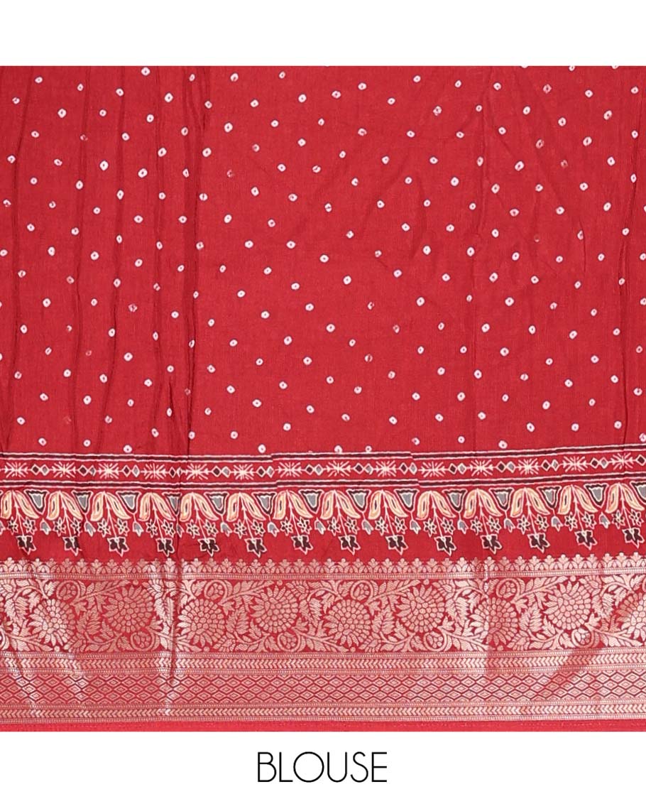 Black Dola Silk Saree, Detailed with Bandhani Dots on Its Body, Complemented by Contrast Border, Zari Striped  Pallu, and Paired with a Contrast Blouse
