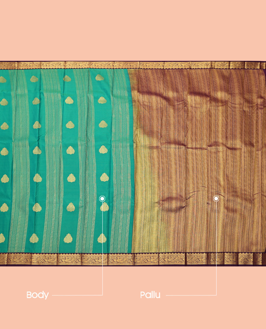 Green Budget Silk Saree, Finely Crafted with Zari Buttas and Stripes, Complemented by a Contrast Traditional Zari Border, Grand Pallu, and a Contrast Blouse