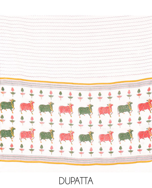 Red Material Chudidar Set, Artfully Woven with Pichwai Cow Motifs Embroidered Cotton Top, Complemented by a Contrast Plain Cotton Bottom, Paired with Pichwai Printed Dupatta
